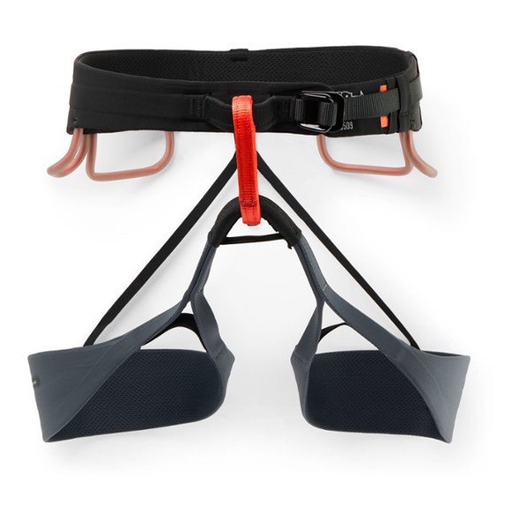 Black Diamond Solution harness showcasing padded waist and leg loops, ideal for rock climbing.