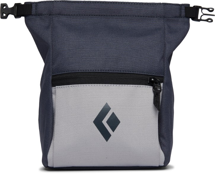 Versatile climbing chalk pot showcasing the roll-up design and brush holder.