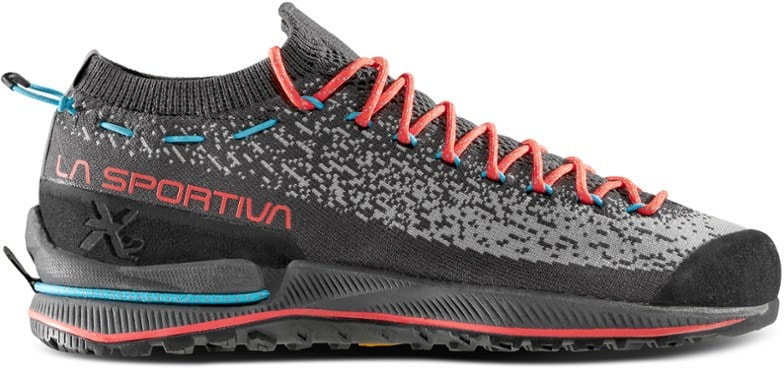 Side view of La Sportiva TX2 EVO women's climbing shoes showing knit upper and Mythos lacing