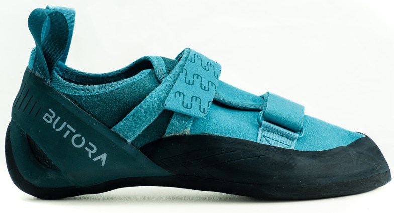 Butora Endeavor climbing shoes with a close-up of the heel construction for enhanced performance.