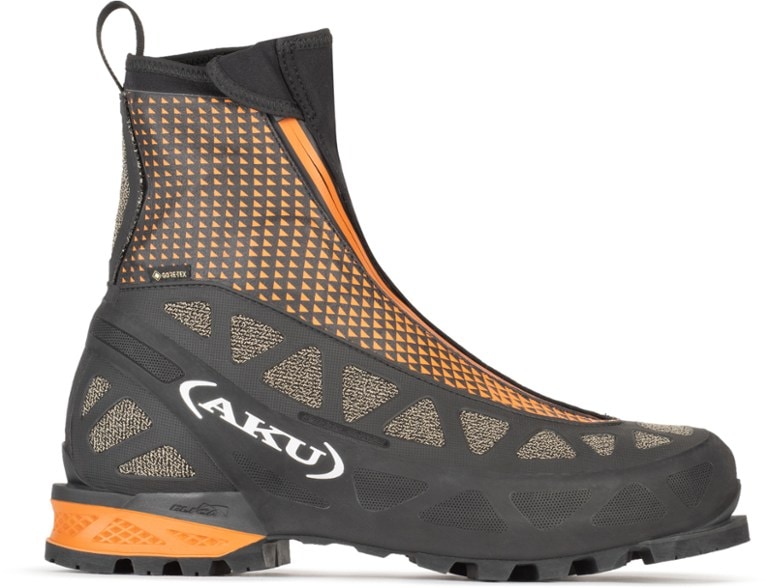 Side view of SummitClad DFS boots showing crampon-compatible Vibram sole and mid-calf gaiter.