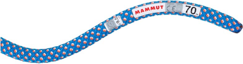 Mammut Classic 9.5mm Dynamic Climbing Rope coiled on a rock surface, ideal for sport climbing.