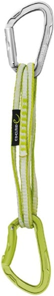 Close-up of lightweight quickdraws for trad climbing showing extendable sling and keylock climbing carabiner