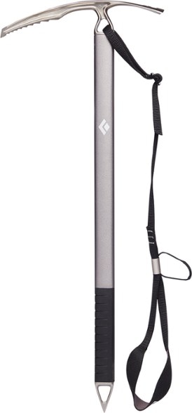 Raven ice axe featuring dual-density rubber grip and stainless-steel head for secure mountaineering.