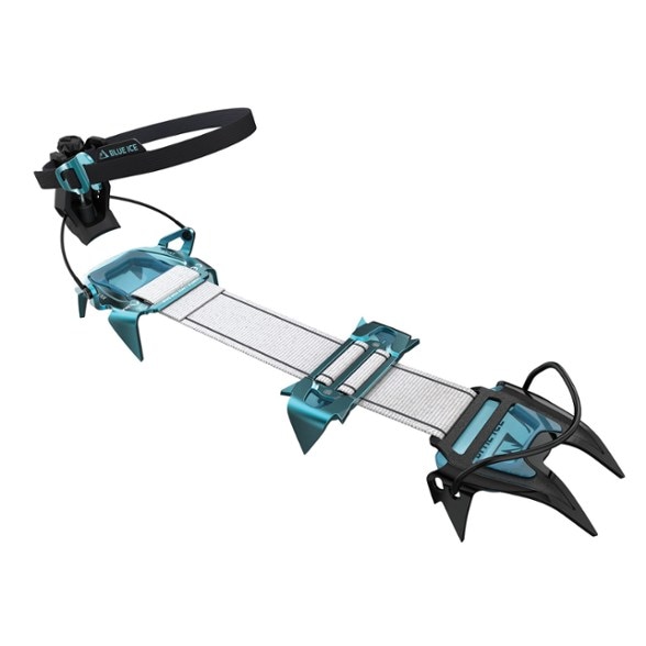Top view of automatic crampons showing chromoly steel front rail and compact textile strap system