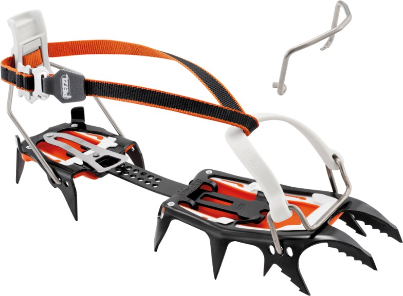 Petzl Sarken Leverlock crampons from the front angle, highlighting vertical front points and durable construction.