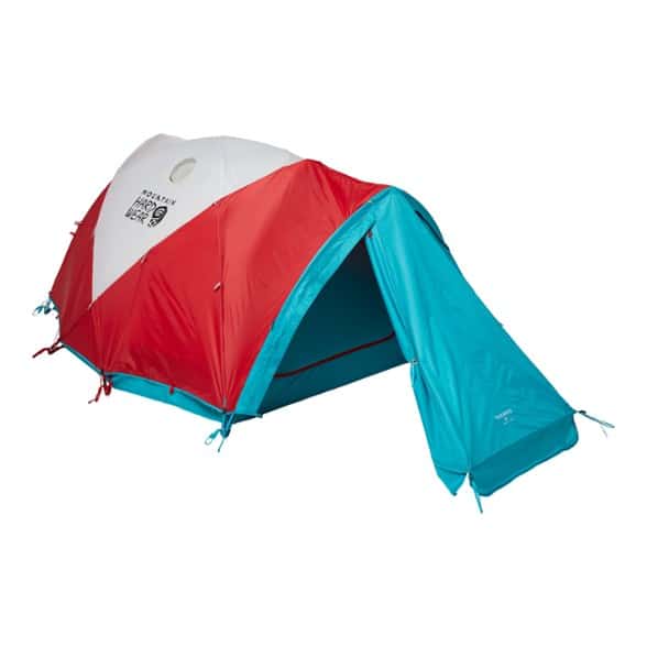 Exterior view of Mountain Hardwear Trango 3 tent in alpine setting, highlighting its waterproof design.