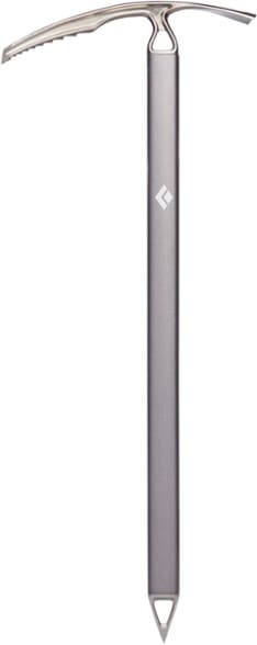 Black Diamond Raven Pro Ice Axe showcasing ergonomic design and stainless-steel head from the side.