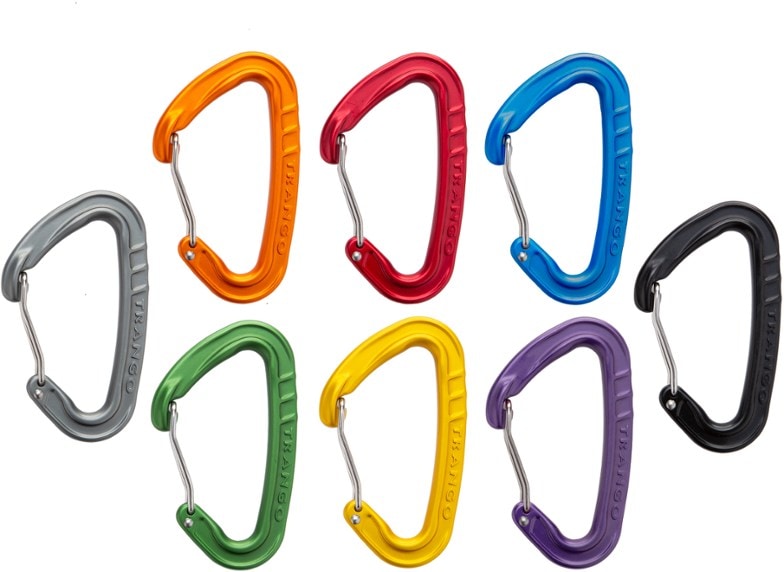 Trango Phase Mega Rack with 8 lightweight carabiners for climbing, showcasing easy clipping design.