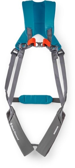 Front view of Momentum Kids SafeClimb full-body harness showcasing adjustable straps and padded leg loops