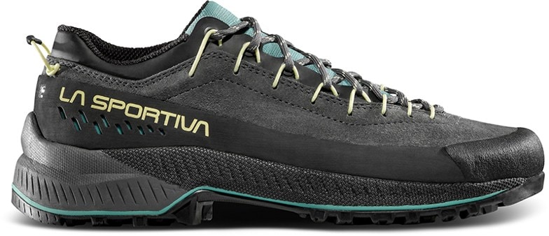 La Sportiva TX4 EVO Women's Approach Shoes in action on rocky terrain, highlighting their grip and support.