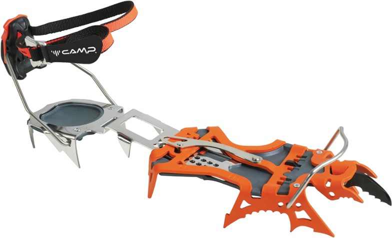 Close-up of Blade Runner adjustable steel crampons showing interchangeable points and sturdy frame