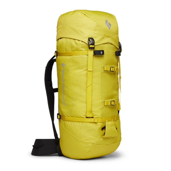 Black Diamond Speed 40 Alpine Pack displayed in a rugged mountain setting, showcasing its durable fabric.