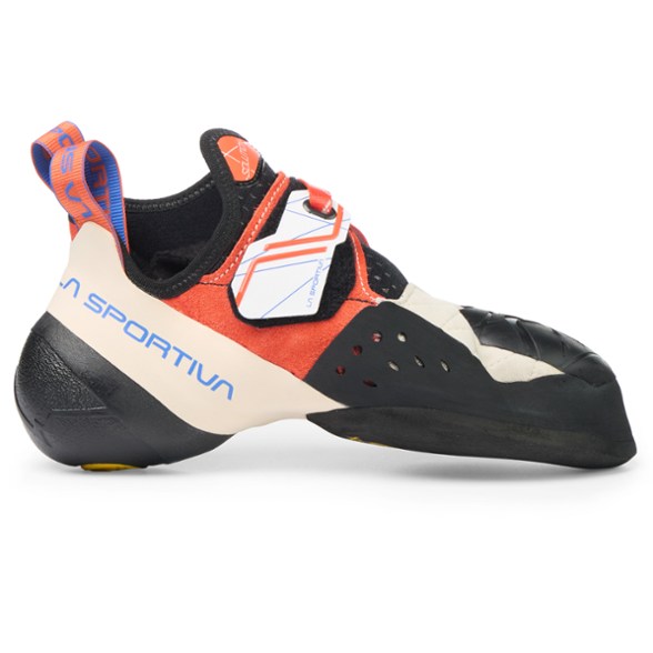 Side view of La Sportiva Solution women's climbing shoes highlighting the aggressive downturn and sticky rubber.