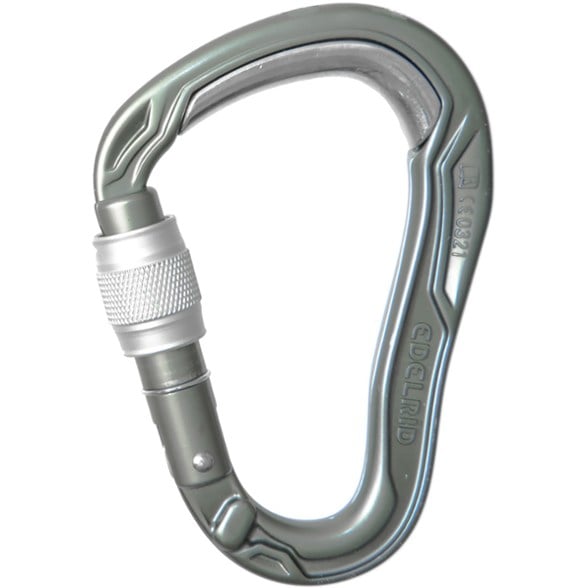 Edelrid HMS Bulletproof screw-lock carabiner showcasing its lightweight design and steel insert.