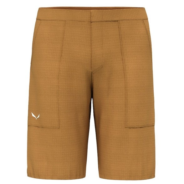 Front view of men's breathable hemp shorts for hiking showing lightweight ripstop fabric and snap-button waistband