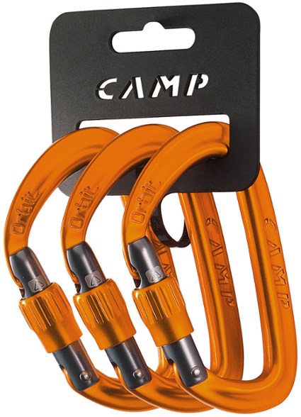 Orbit Locking Carabiner set showing three carabiners against a rocky backdrop, perfect for climbing gear.