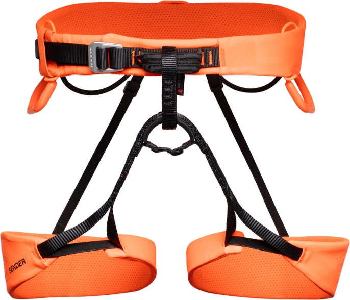 Front view of the Mammut Sender climbing harness with gear loops visible.