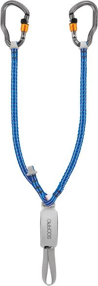 Close-up of Petzl Scorpio Vertigo climbing lanyard showing ergonomic wire-lock carabiners and elastic arms
