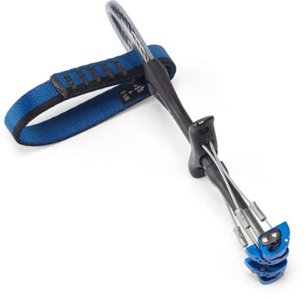 Black Diamond C4 climbing cam from a side angle, emphasizing its sleek lobes and color-coded slings.