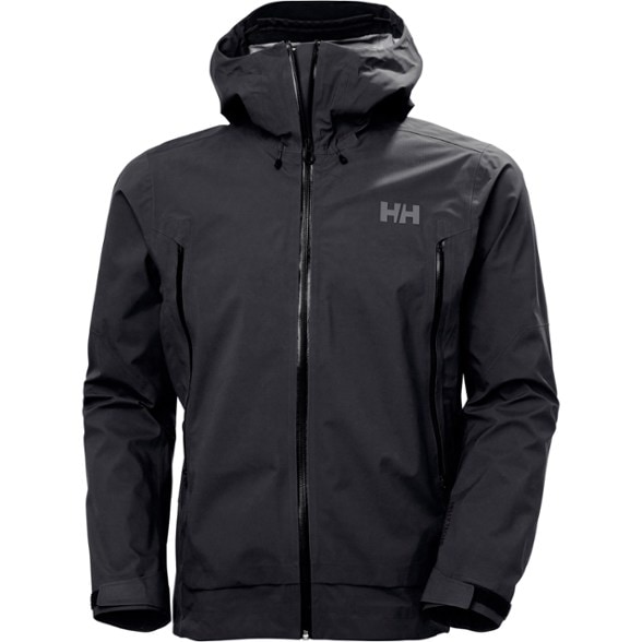 Front view of the men's shell jacket with helmet-compatible hood on a climbing background.