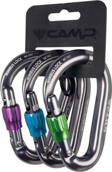 Nimbus Lock HMS carabiner set displayed on a climbing backdrop.