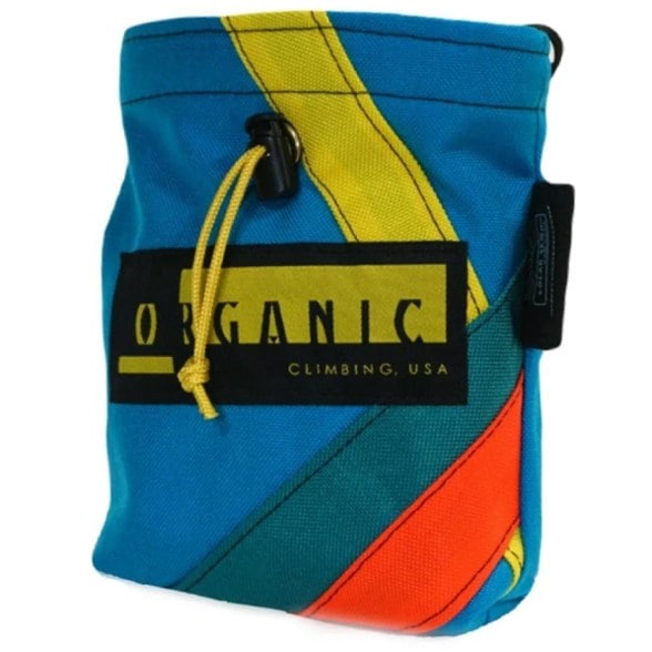 Front view of the eco-friendly handmade chalk bag for climbers, showcasing its unique design.