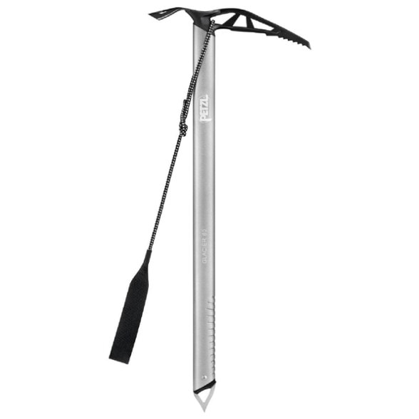 Petzl Linkin ice axe with leash shown in action on a glacier.