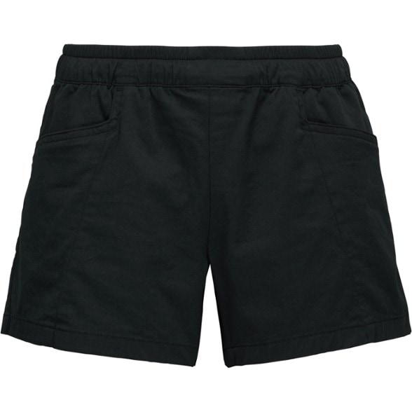 Front view of Notion FlexFit stretch shorts for active women in black, highlighting elastic waistband and pockets