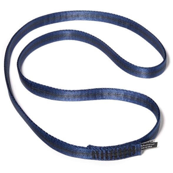 Close-up of Metolius nylon sling showing durable bar-tacked stitching and 18mm climbing webbing