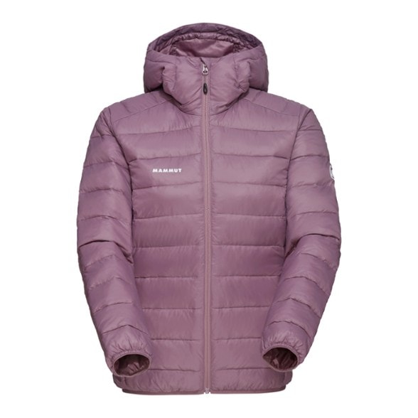 Mammut women's insulated jacket from the front, showcasing its eco-friendly design and hood.