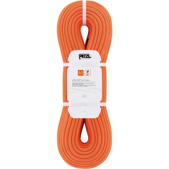 Petzl Volta 9.2 mm Dry Climbing Rope coiled in a climbing bag, highlighting its compact design.