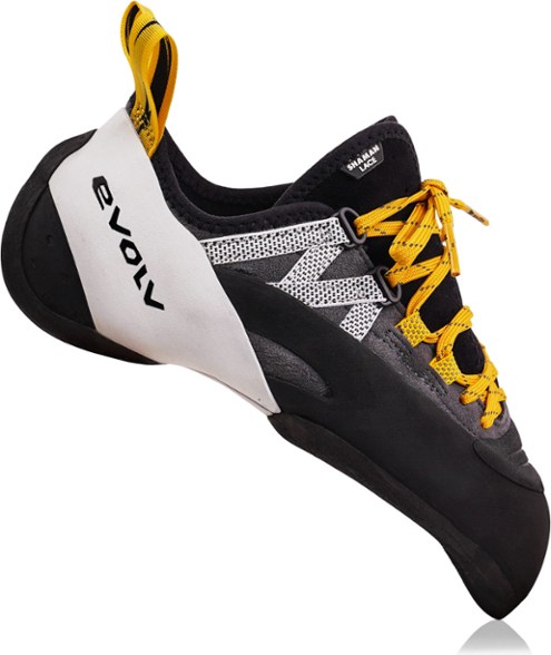 Evolv Shaman Lace Climbing Shoes for Men from the side, showcasing the aggressive downturned toe design.