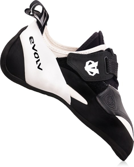 Side view of Evolv V6 EdgeFit showing downturned toe profile for precise steep climbing
