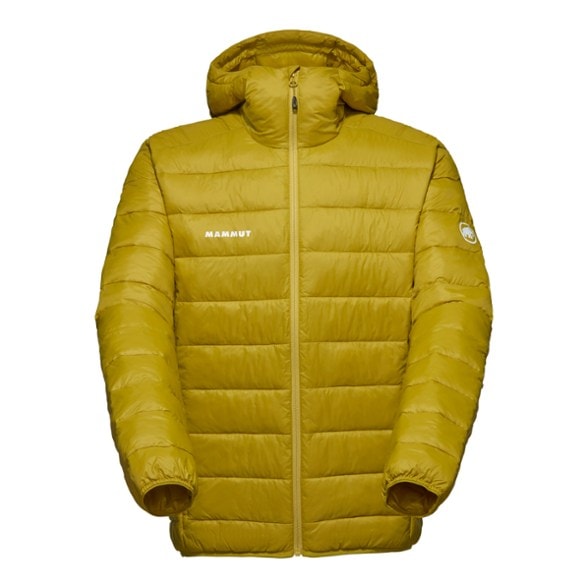 Mammut Crag IN jacket shown from the front with an adjustable hood and zippered pockets.