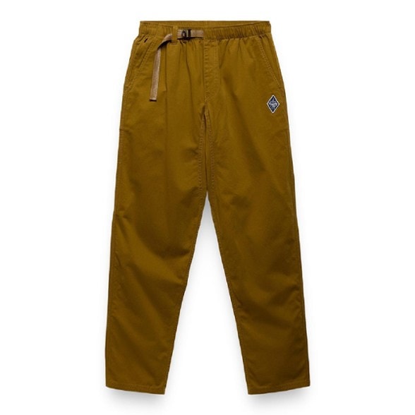 Men wearing organic cotton hiking pants on a mountain trail, showcasing the tapered leg and adjustable waist.
