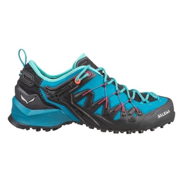 Salewa women's approach shoes showing flexible fit and aggressive grip for climbing.