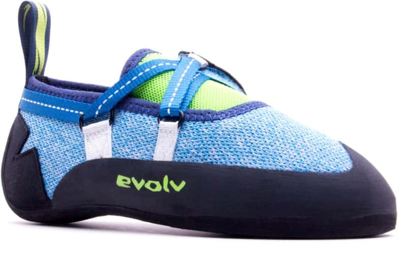 Evolv Venga youth climbing shoes, front view, showing adjustable straps and breathable mesh.