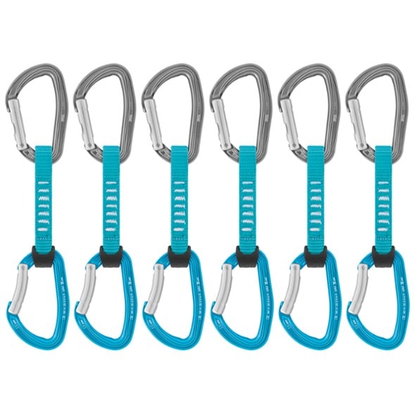 Petzl Djinn Axess quickdraws showcasing the turquoise bent-gate carabiner from above.