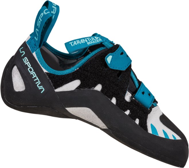 Side view of Tarantula women's climbing shoes highlighting the adjustable fit and design.