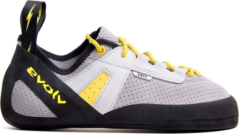 Evolv Defy Lace climbing shoes showing the detailed leather upper and lace system.
