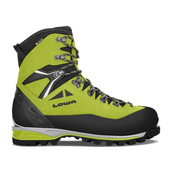 Lowa Alpine Expert II GORE-TEX men's boots in action on a snowy trail.