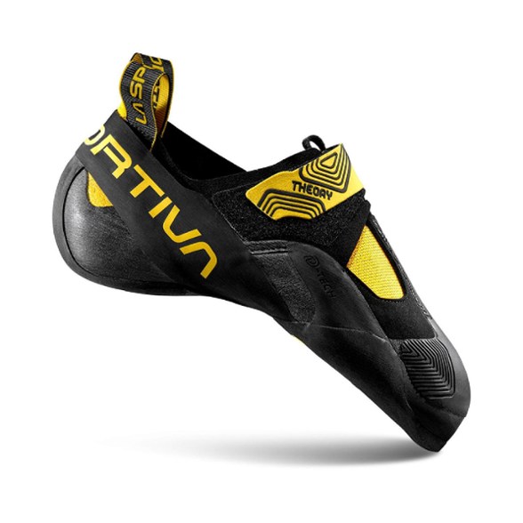 Side angle of men's climbing shoes with sticky rubber sole showing aggressive downturned shape and hook-and-loop closure