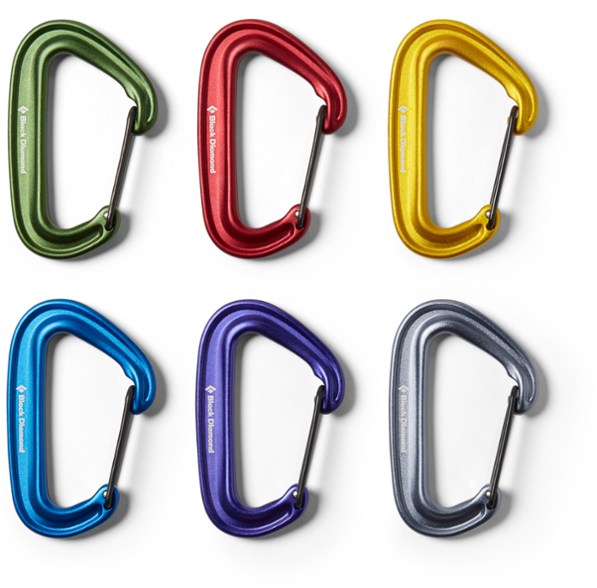 Close-up of a lightweight MiniWire carabiner showcasing its wire-gate design and vibrant color coding.