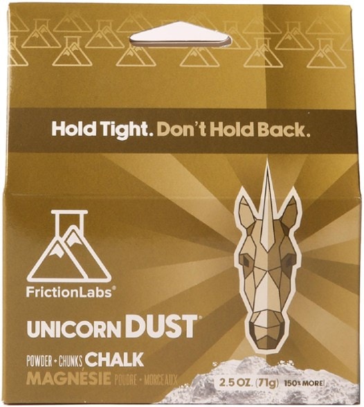 FrictionLabs Unicorn Dust Climbing Chalk in use on a rock face, showcasing grip and performance.