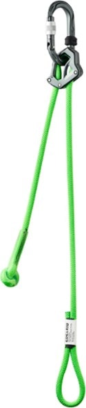 Edelrid Adjustable Climbing Lanyard shown in use at a climbing site, highlighting its energy-absorbing features.