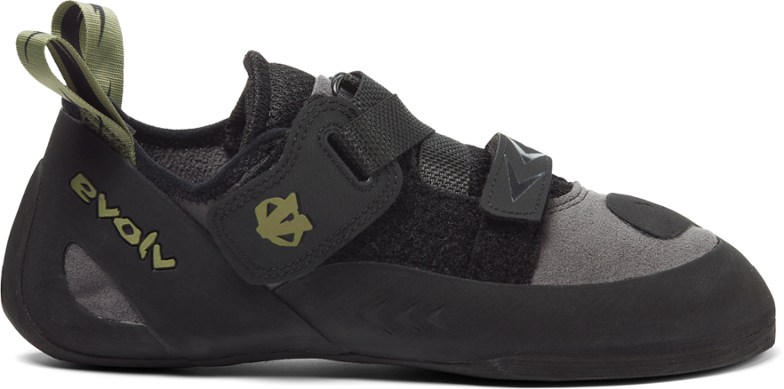 Close-up of Evolv Kronos climbing shoes showing the adjustable strap and soft upper material.