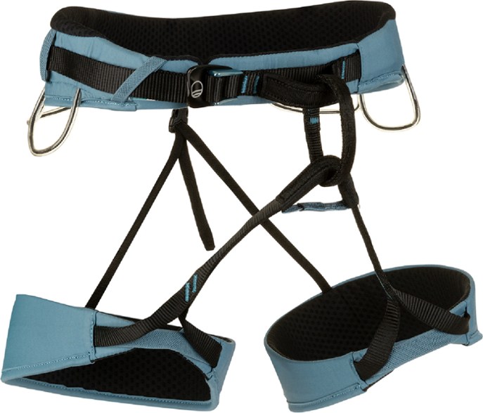 Flow 2.0 climbing harness front view showcasing comfort padding.