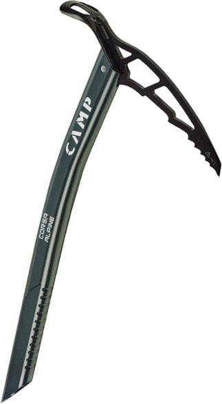 Corsa Lightweight Alpine Ice Axe showcasing its aluminum shaft and steel head from a side angle.