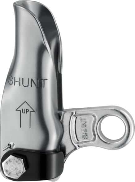 Petzl Shunt Rappel Backup Device on a climbing rope, showcasing its smooth clamping surfaces.